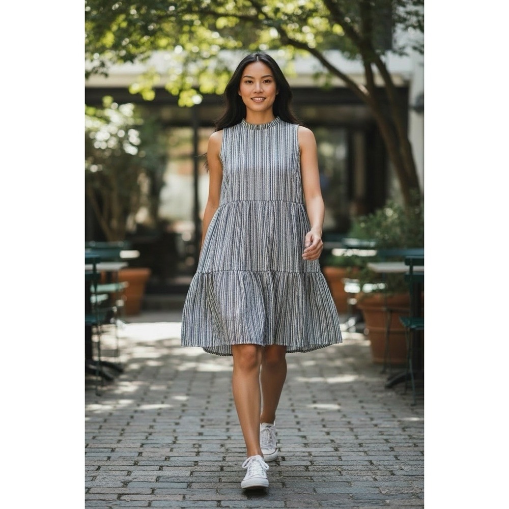 Alter'd State Linen Dress Small Striped‎ Tiered Bow Back Charcoal